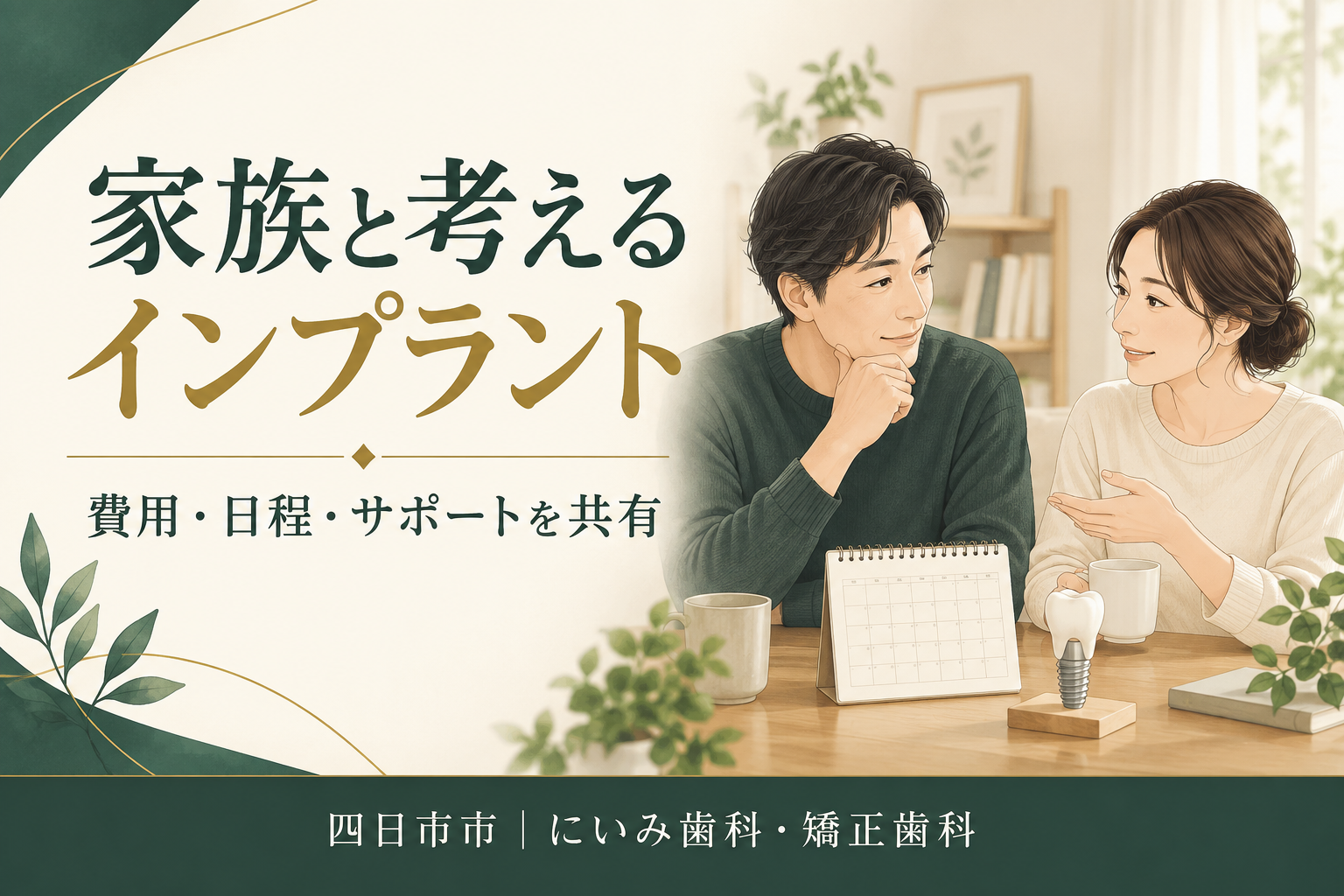 インプラントの費用や通院予定をご家族と話し合うイメージ